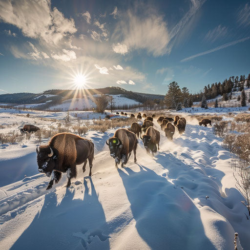 Wood Bison Herd in Snowy Landscape Under Bright Sun
