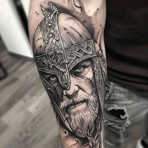 Forearm tattoo featuring a Viking warrior, in the style of Glenn Fabry