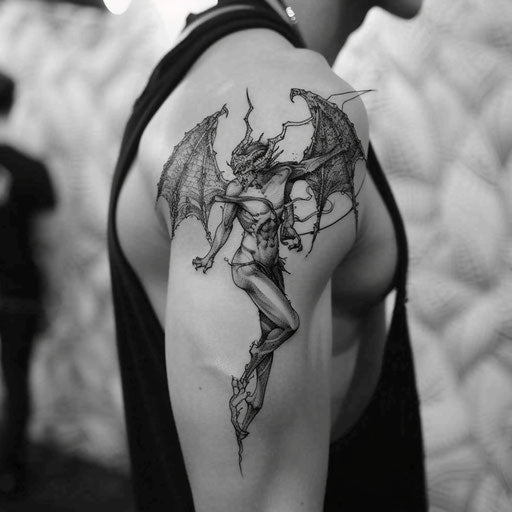 Devil and angel tattoo in black and white