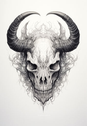 Full drawing of skull with horned features, goblincore style