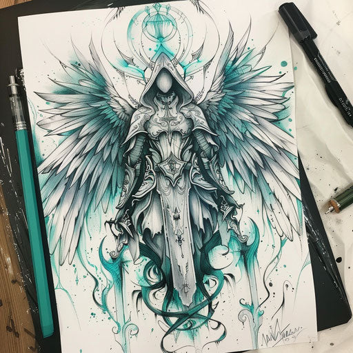 Harmonious sketch of angel of death with symmetrical design, in teal and grey