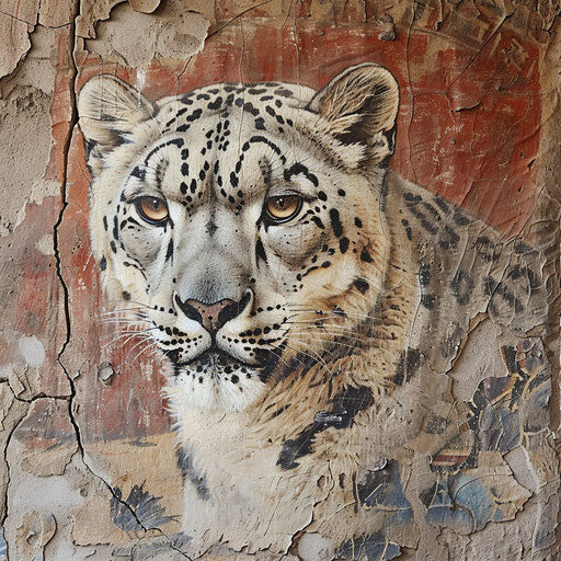 Snow leopard in the heart of a mural on an ancient wall