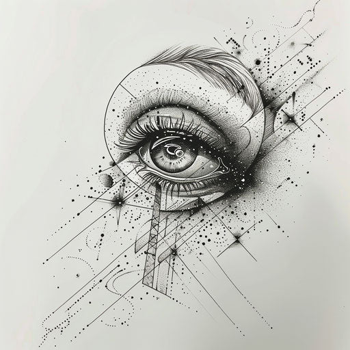 Contemporary sketch for dotwork tattoo of stylized human eye with cosmic galaxy