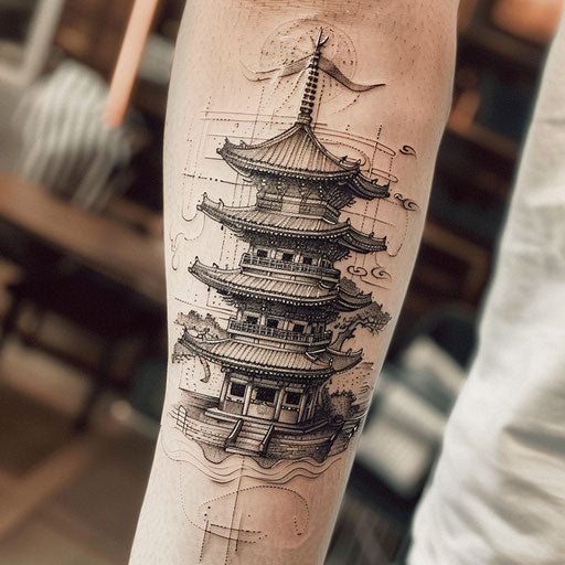 Blackwork tattoo with Korean architectural elements
