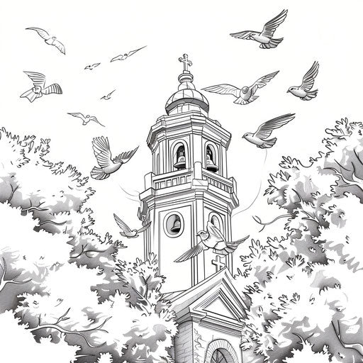Church bell tower with flying birds, coloring book page