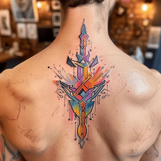 Graphic novel style spine tattoo of a superhero emblem, bright colors on white background