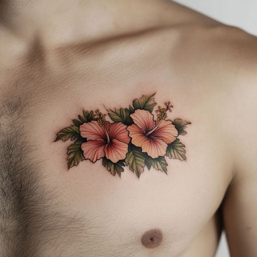 Hibiscus flower tattoo on Pure White Background, Steve McNiven style on chest
