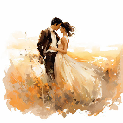 Bride and groom clipart in the style of Impressionistic Art, on white background