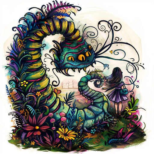 Concept art for a tattoo of Alice and the Caterpillar, psychedelic colors on white background