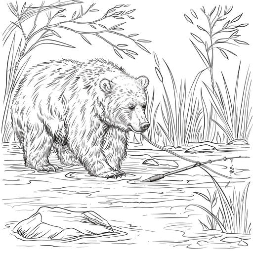 A brown bear fishing with a stick in a tranquil pond.