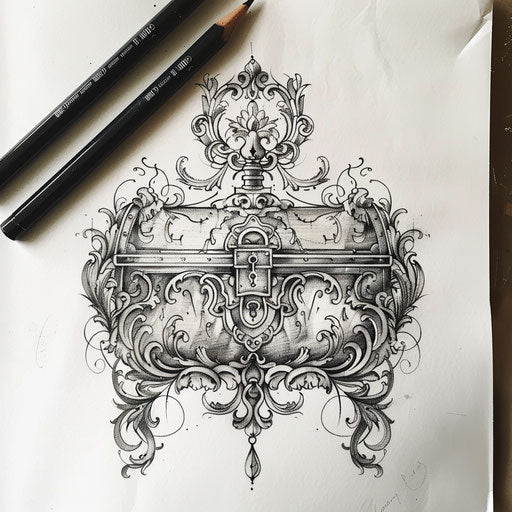 Elegant flat tattoo sketch of a mysterious locked chest