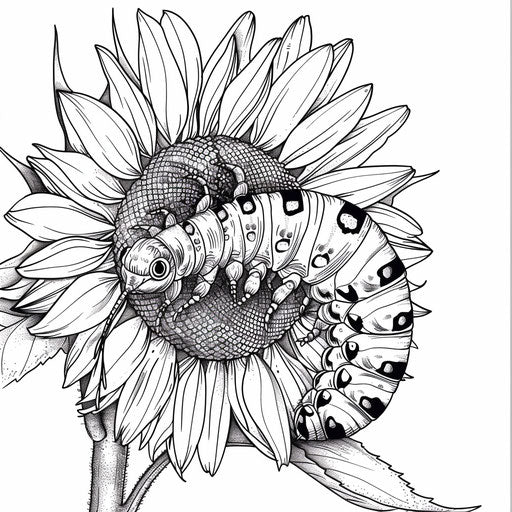 Caterpillar climbing on sunflower stalk. Coloring page