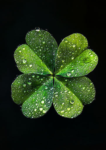 Four-leaf clover with water droplets on black background