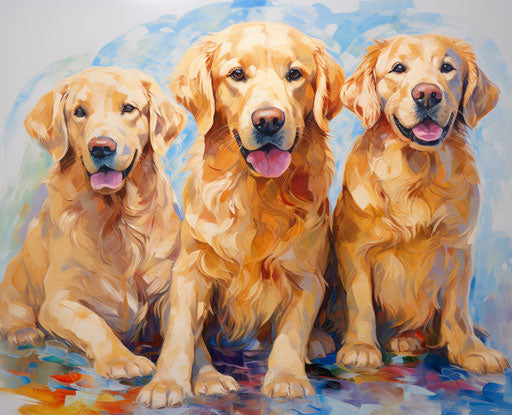 Three golden retrievers in the same field