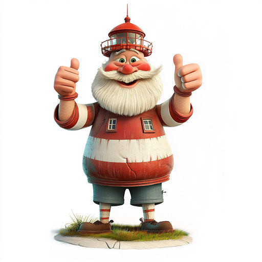 Humorous caricature of a lighthouse with human characteristics