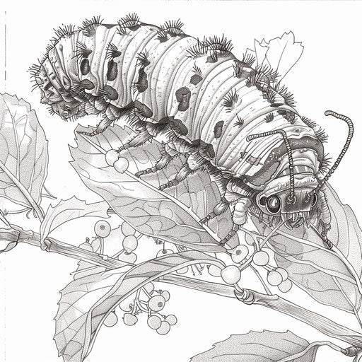 A caterpillar munching on a large leaf in a garden. Coloring book page