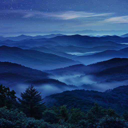 Realistic view of Appalachian mountains at night with mist in valley