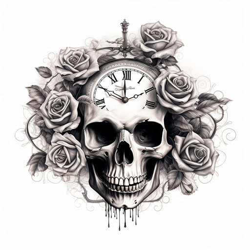 Cute clock tattoo with skull and roses, matte style drawing