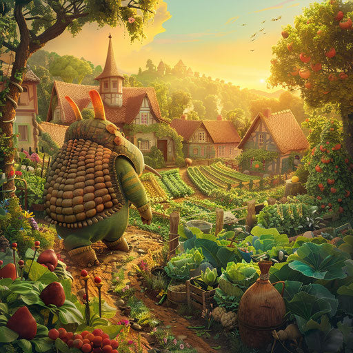 An armadillo farmer tends to crops and animals on a magical farm