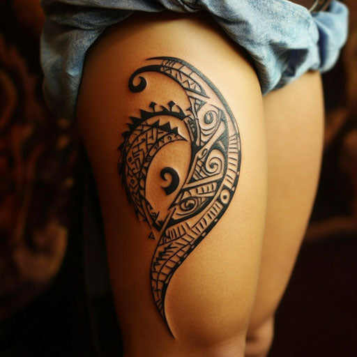 Thigh tattoos for females in the style of Ami James featuring a bold tribal design