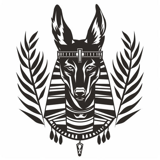 Stylized Anubis stencil with laurel crown, on bright white background