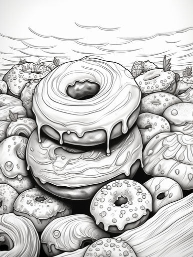 Black and white doughnut coloring page with dark lines
