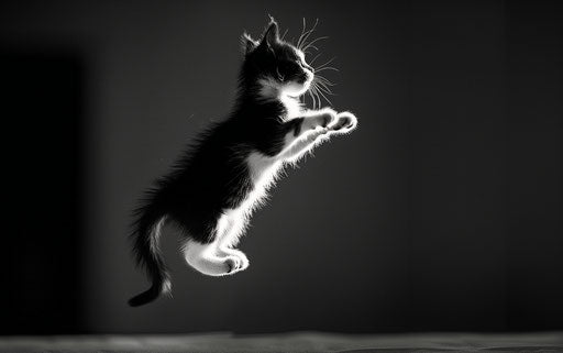 Black and white kitten jumping on a dark background