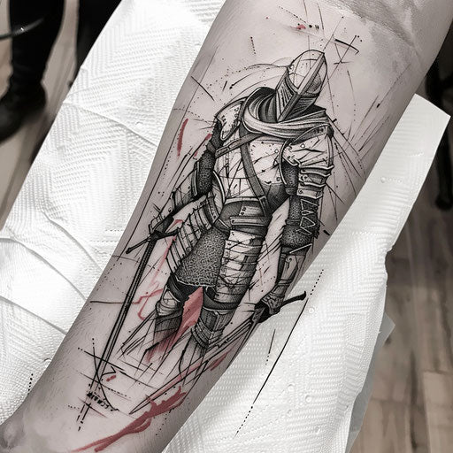 Flat tattoo sketch of a Dark Souls knight