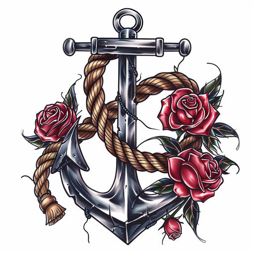 Nautical rope and anchor tattoo with roses on white background