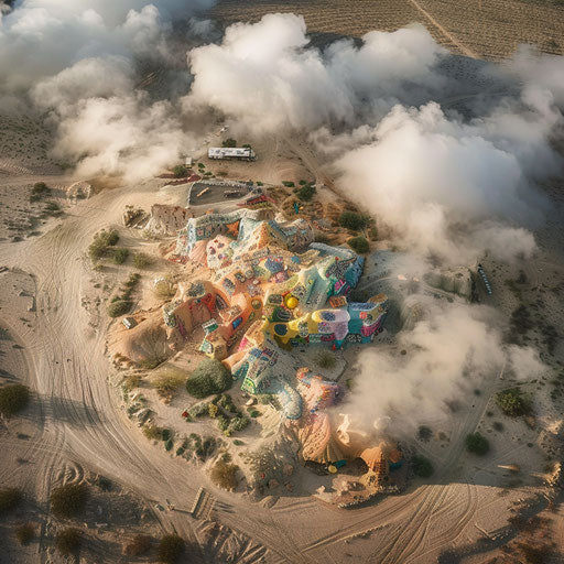 Aerial view of Salvation Mountain with dramatic clouds