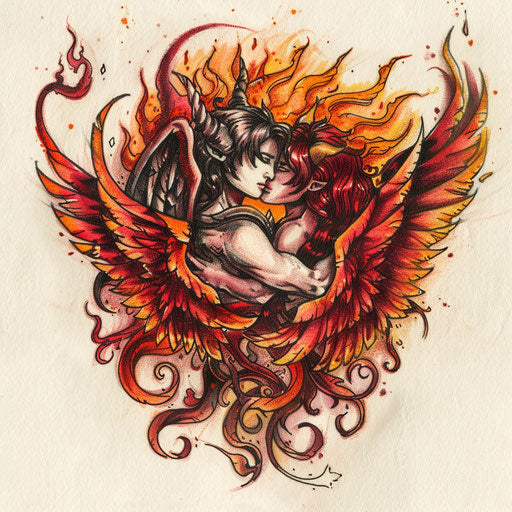Fiery flat tattoo sketch of an angel and devil
