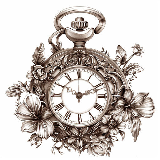 Vintage flat tattoo sketch of an ornate pocket watch with floral engravings in sepia tones