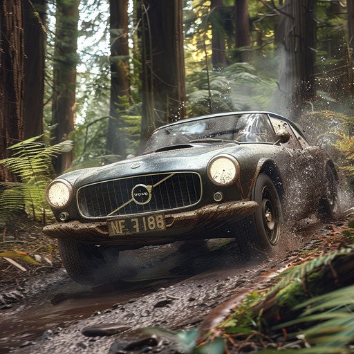 Rally version of 1966 Volvo P1800, mud-splattered, racing through rugged forest trail