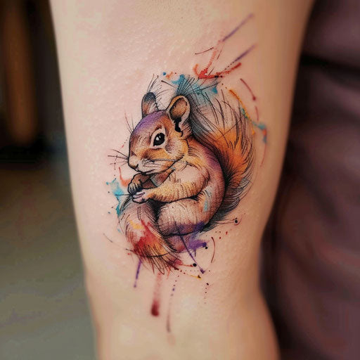 Artistic flat sketch of a squirrel with watercolor brush strokes