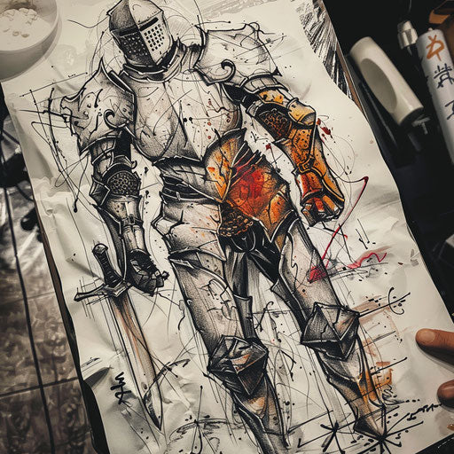 Expressionist tattoo sketch of a knight in agony