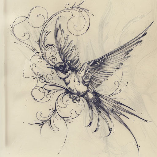 Baroque inspired swallow tattoo, ornate details on white canvas