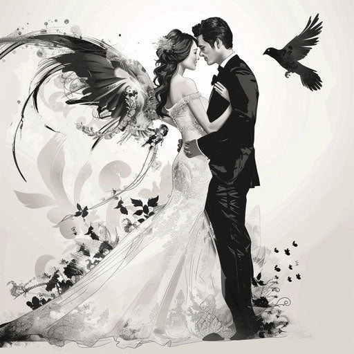 Illustration of bride and groom with detailed wings