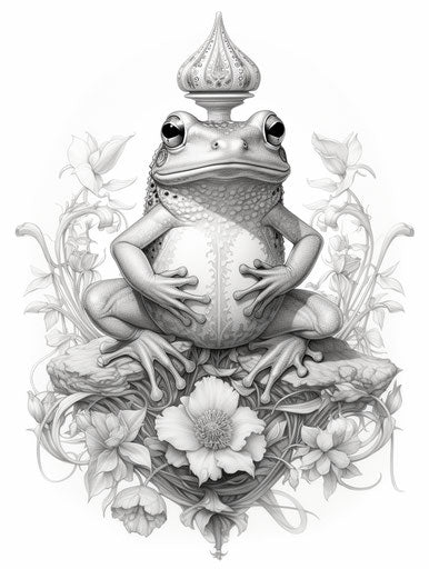 The little frog, wiccan style, fluid and organic, rotcore, witchy academia, maori art, dark white and gray, tattoo-inspired 3:4