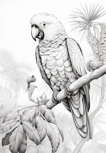 Parrot on a branch coloring pages, realistic detailed hunting scenes style, precisionist art