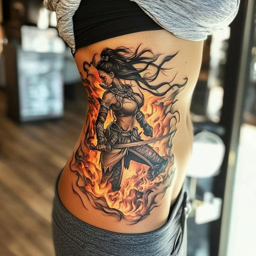 Rib tattoos women warrior spirit emerging flames Jackson