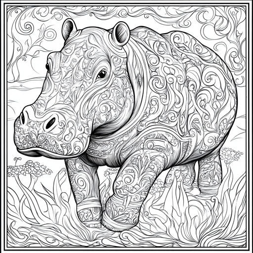 Stylish ornate hippo in Megan Hess coloring book style