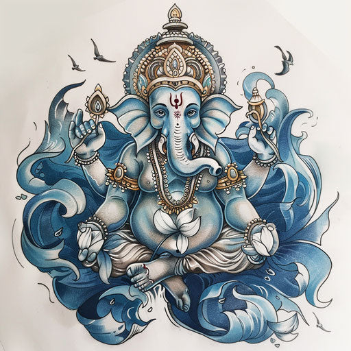 Peaceful tattoo sketch of Ganesha, clipart style with blue oceanic hues and serene waves