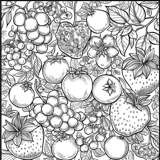 Nature-themed fruit with whimsical animals - Coloring book
