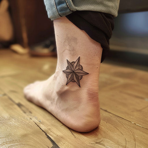 Ankle tattoos in Sailor Jerry style with tiny nautical star