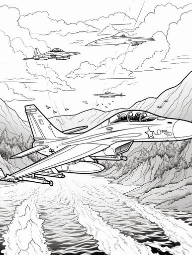 Fighter jet flying over water in blown-off-roof perspective