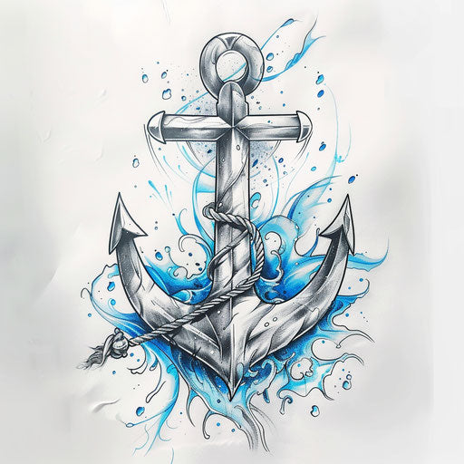 Sketch of a nautical tattoo of a silver anchor with oceanic elements and blue tones