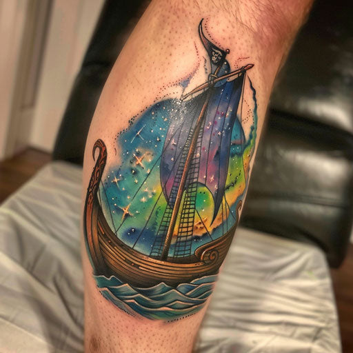 Viking ship under northern lights