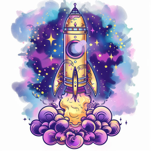 Whimsical flat tattoo sketch of a fairy-tale rocket in a magical realm