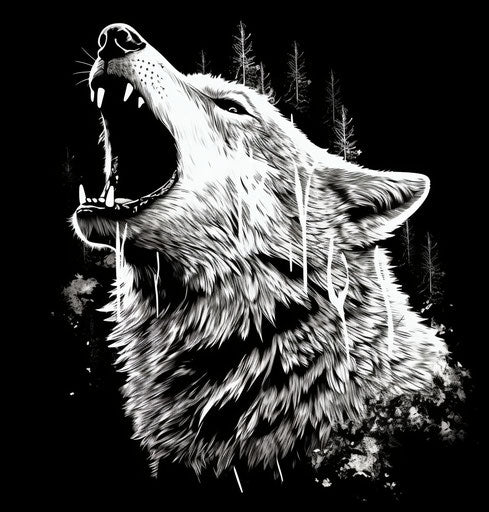 White wolf howling in black and white, strong facial expression