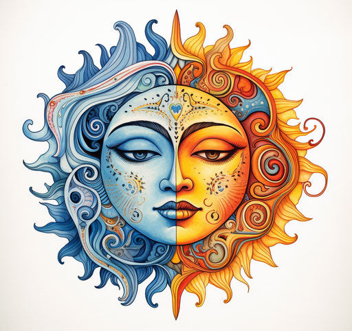 Colorful tattoo of sun and moon in black and white ink